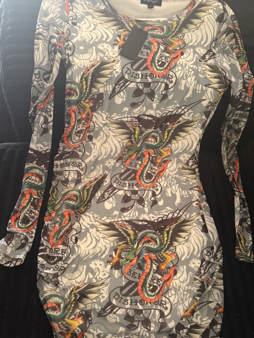 Ed Hardy Gray Multi-Color Tattoo Print Long-Sleeve Bodycon Dress